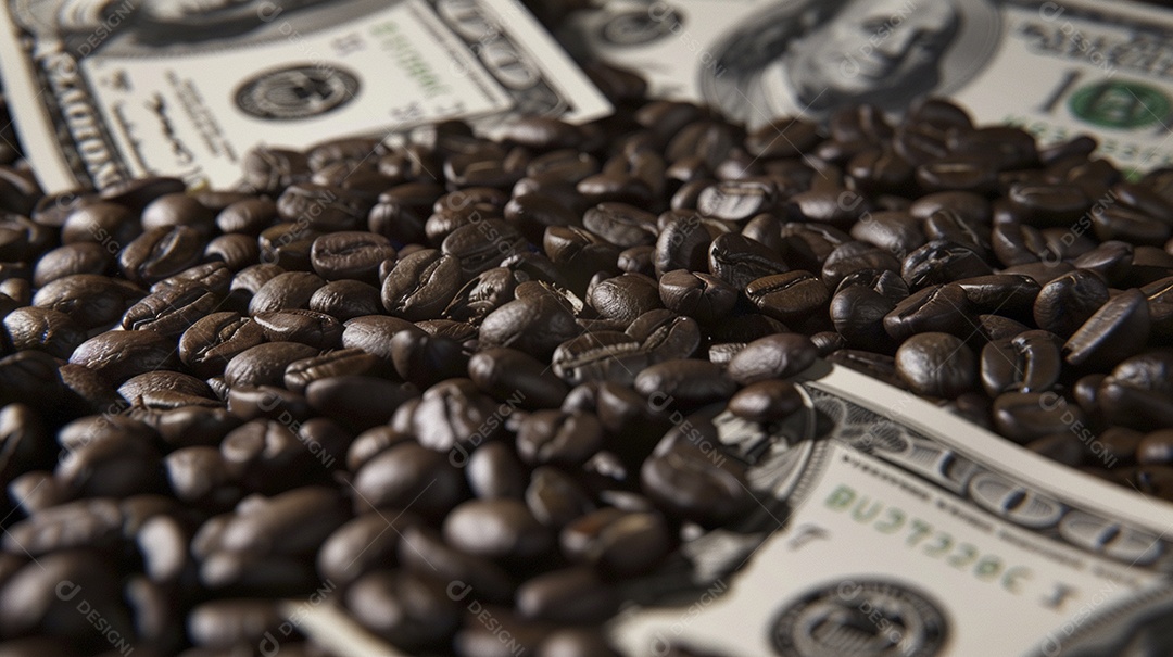 Dólares americanos cobertos com grãos de café em close-up