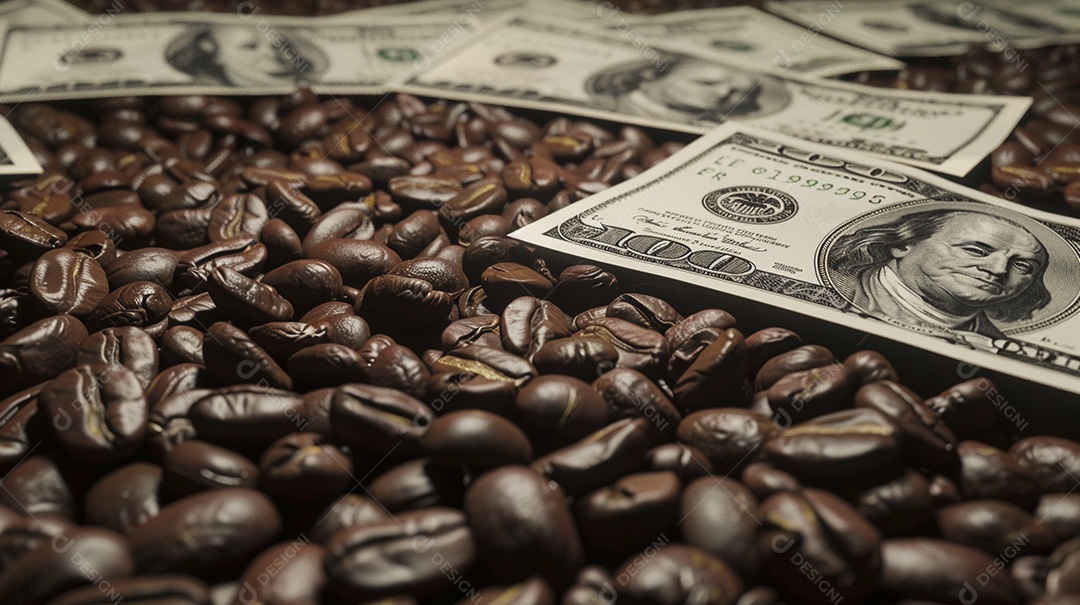 Dólares americanos cobertos com grãos de café em close-up