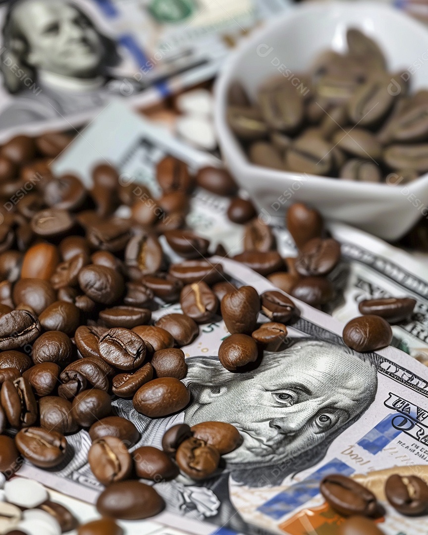 Dólares americanos cobertos com grãos de café em close-up