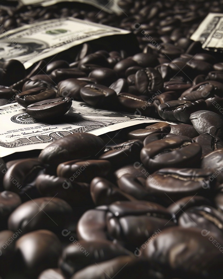 Dólares americanos cobertos com grãos de café em close-up