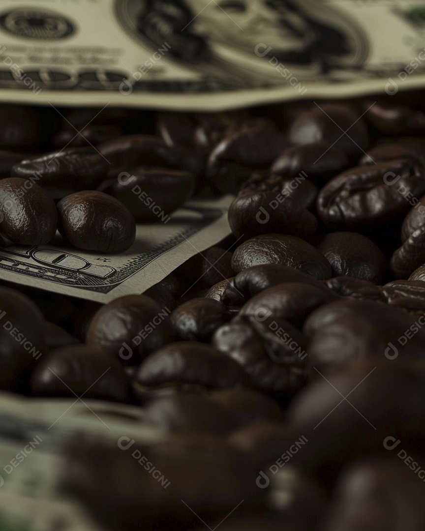 Dólares americanos cobertos com grãos de café em close-up