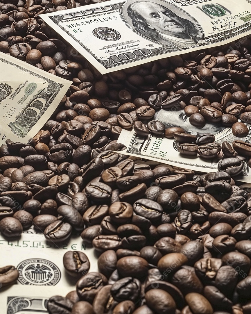 Dólares americanos cobertos com grãos de café em close-up