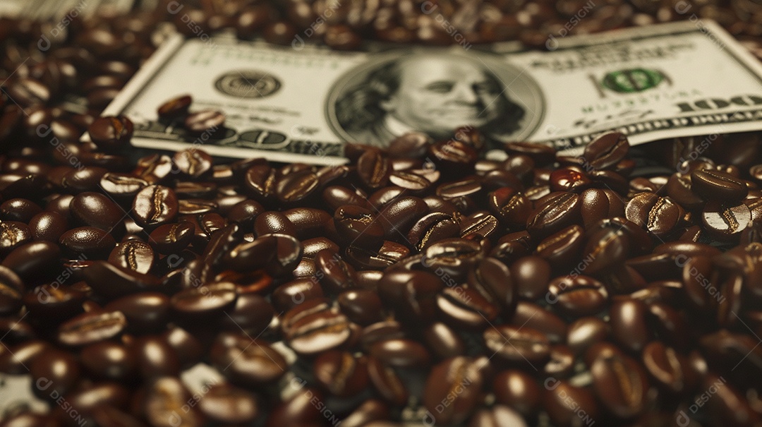 Dólares americanos cobertos com grãos de café em close-up