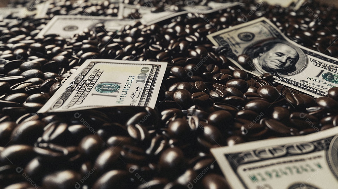 Dólares americanos cobertos com grãos de café em close-up