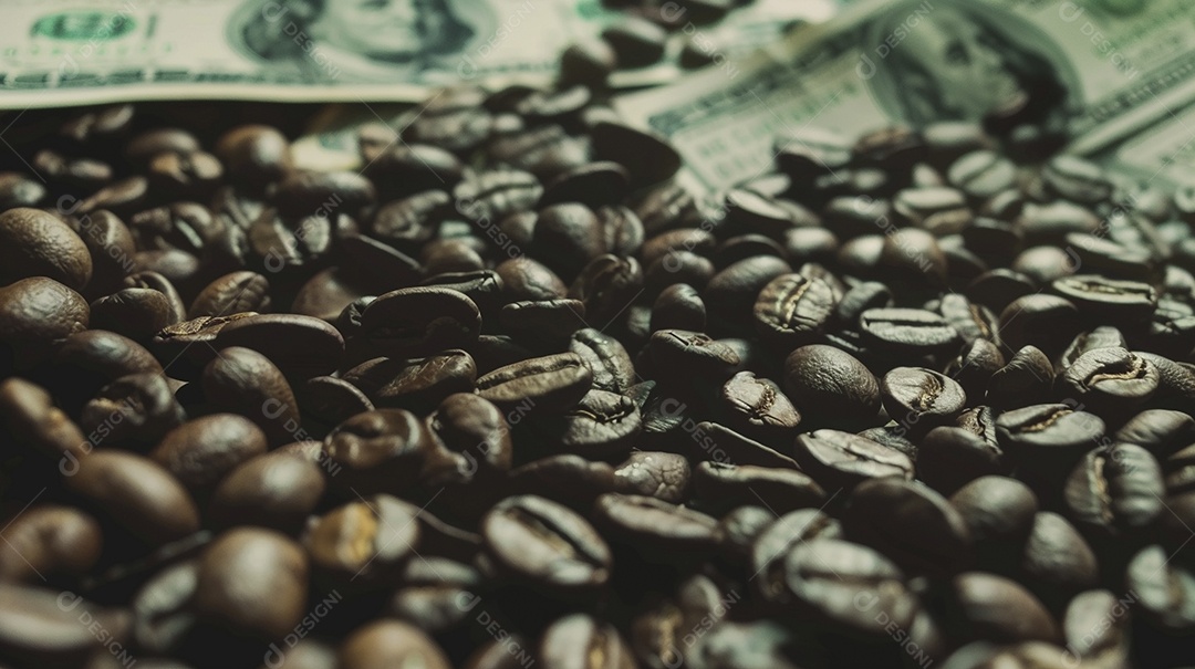 Dólares americanos cobertos com grãos de café em close-up