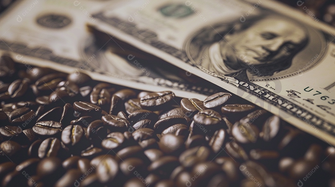 Dólares americanos cobertos com grãos de café em close-up