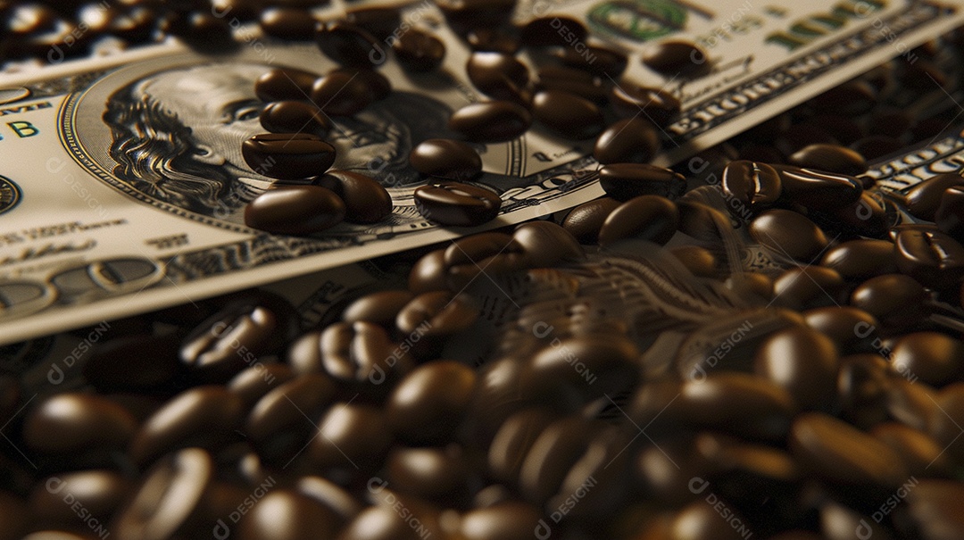 Dólares americanos cobertos com grãos de café em close-up