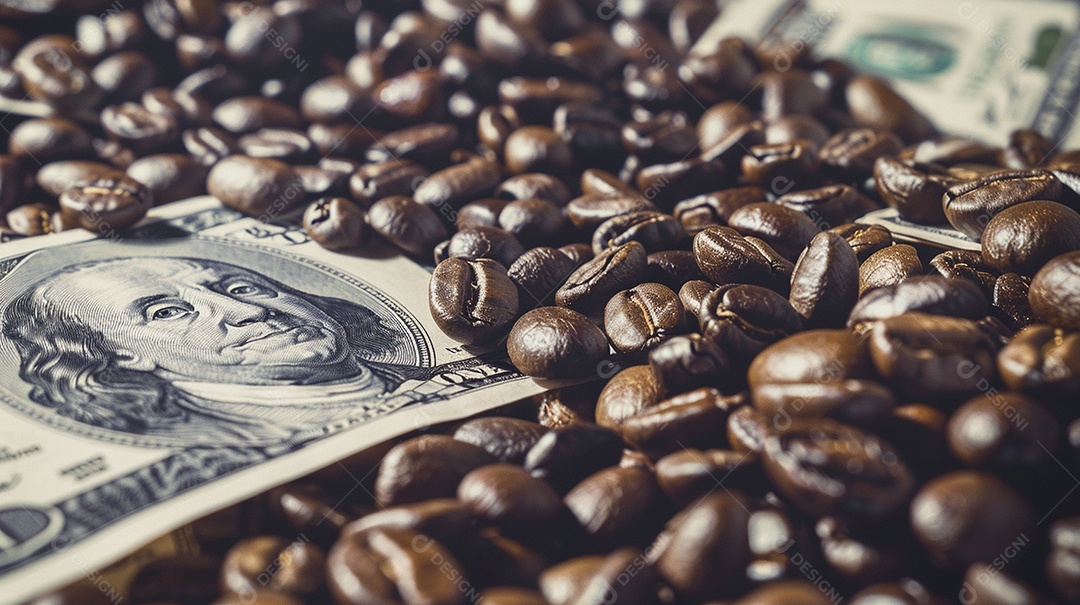 Dólares americanos cobertos com grãos de café em close-up