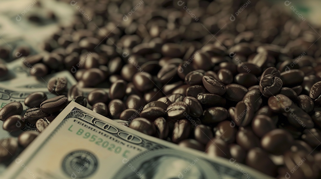 Dólares americanos cobertos com grãos de café em close-up