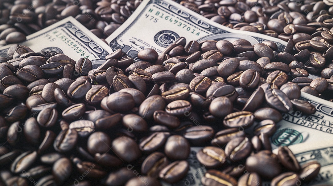 Dólares americanos cobertos com grãos de café em close-up
