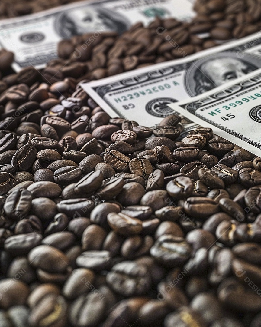 Dólares americanos cobertos com grãos de café em close-up