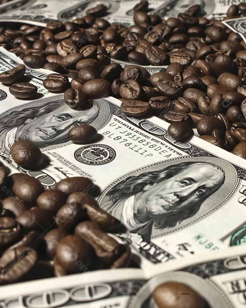 Dólares americanos cobertos com grãos de café em close-up