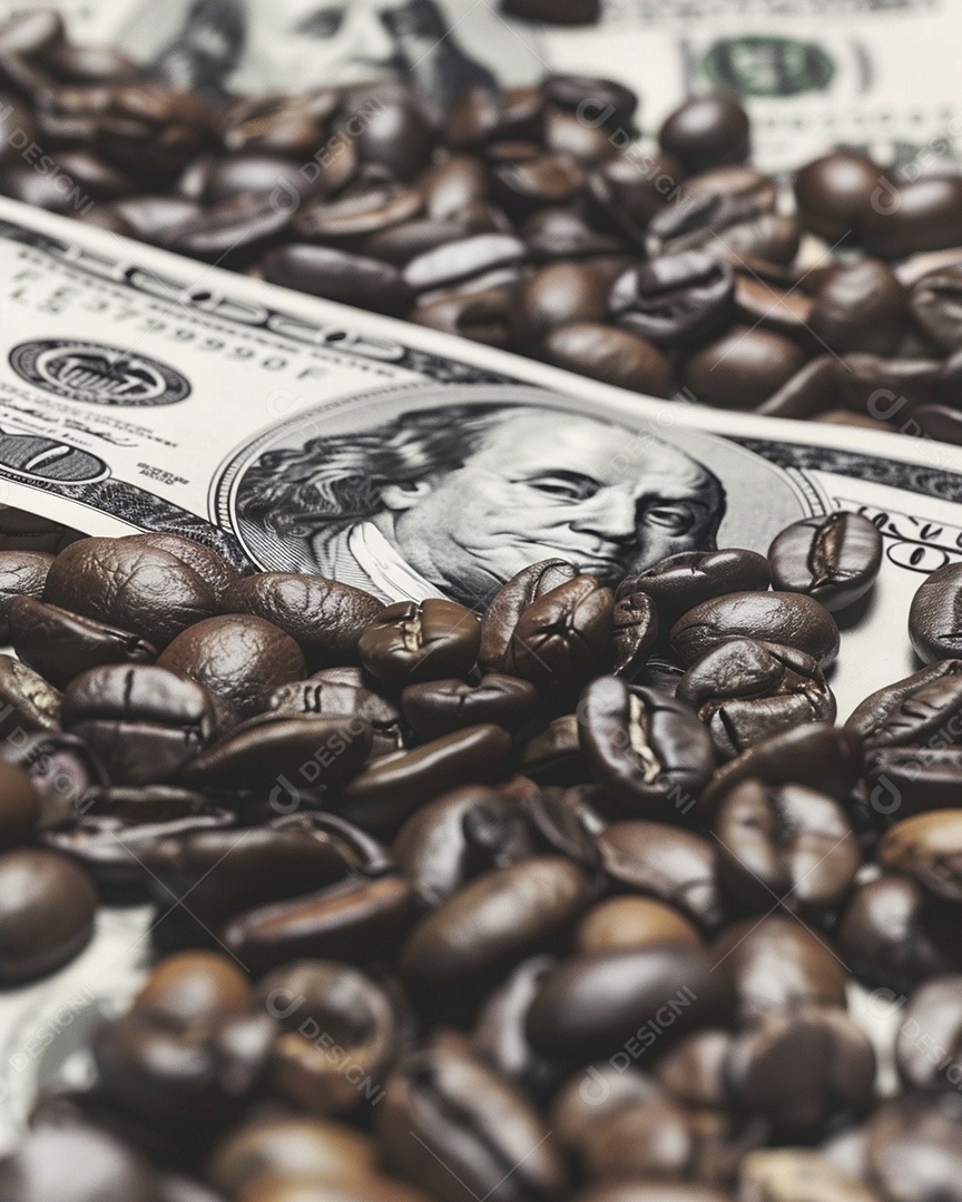 Dólares americanos cobertos com grãos de café em close-up