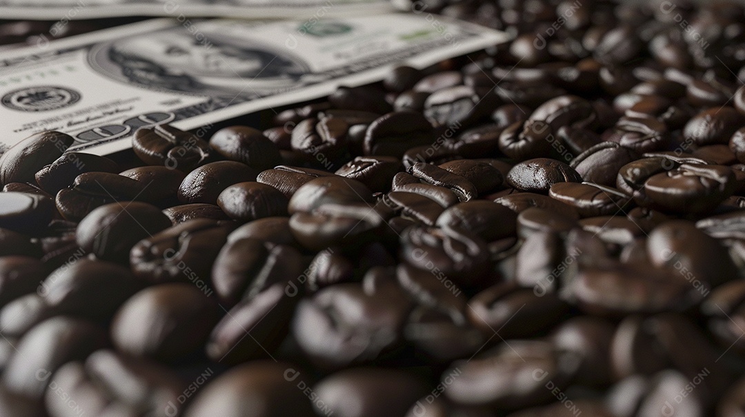 Dólares americanos cobertos com grãos de café em close-up