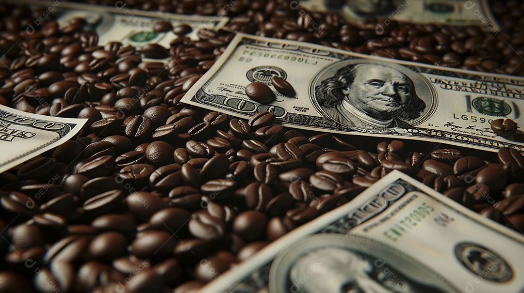 Dólares americanos cobertos com grãos de café em close-up