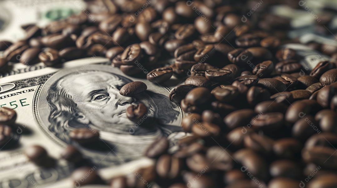 Dólares americanos cobertos com grãos de café em close-up