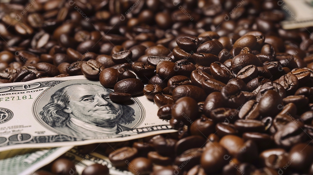 Dólares americanos cobertos com grãos de café em close-up