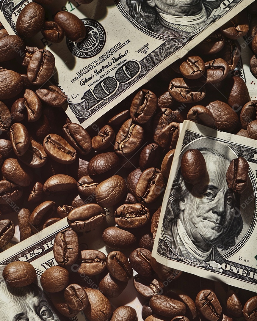 Dólares americanos cobertos com grãos de café em close-up