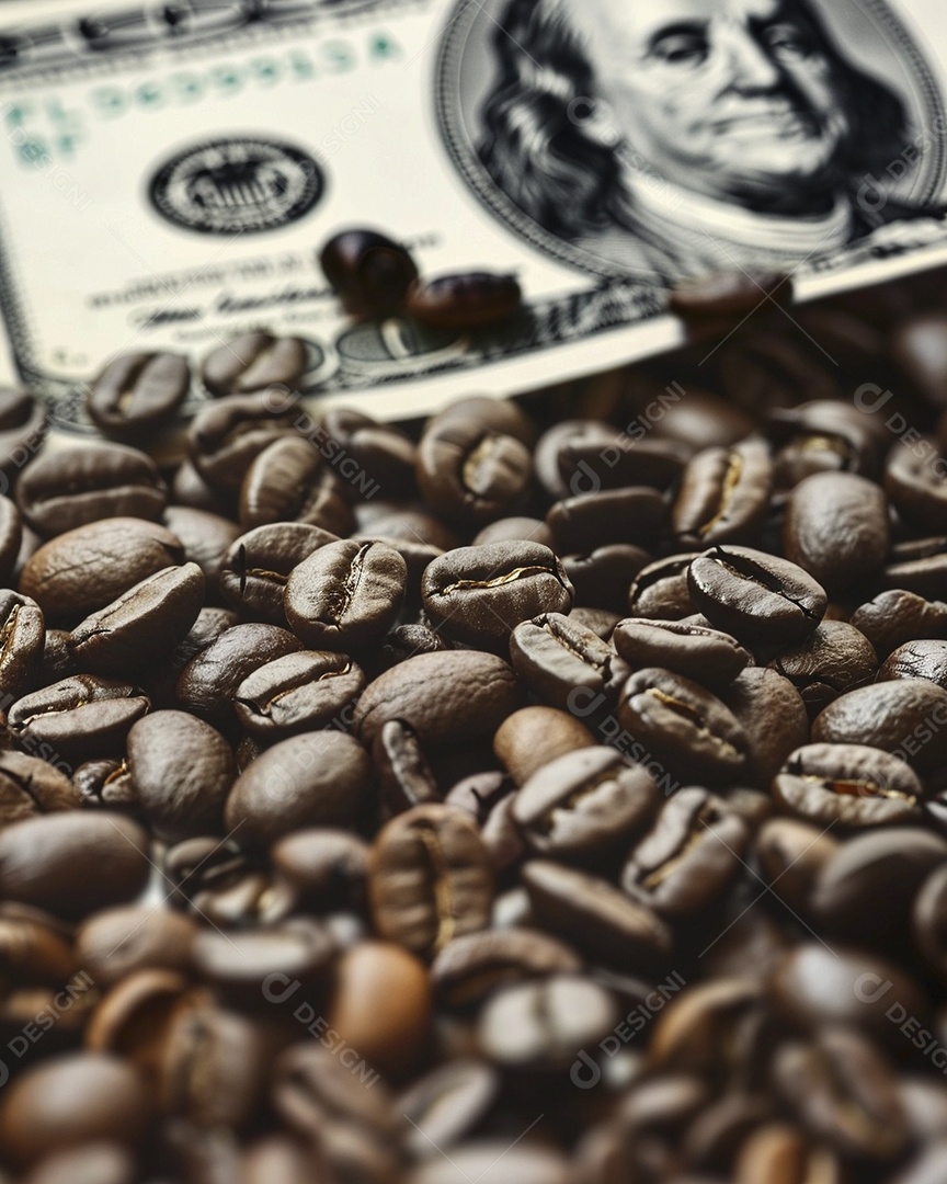 Dólares americanos cobertos com grãos de café em close-up