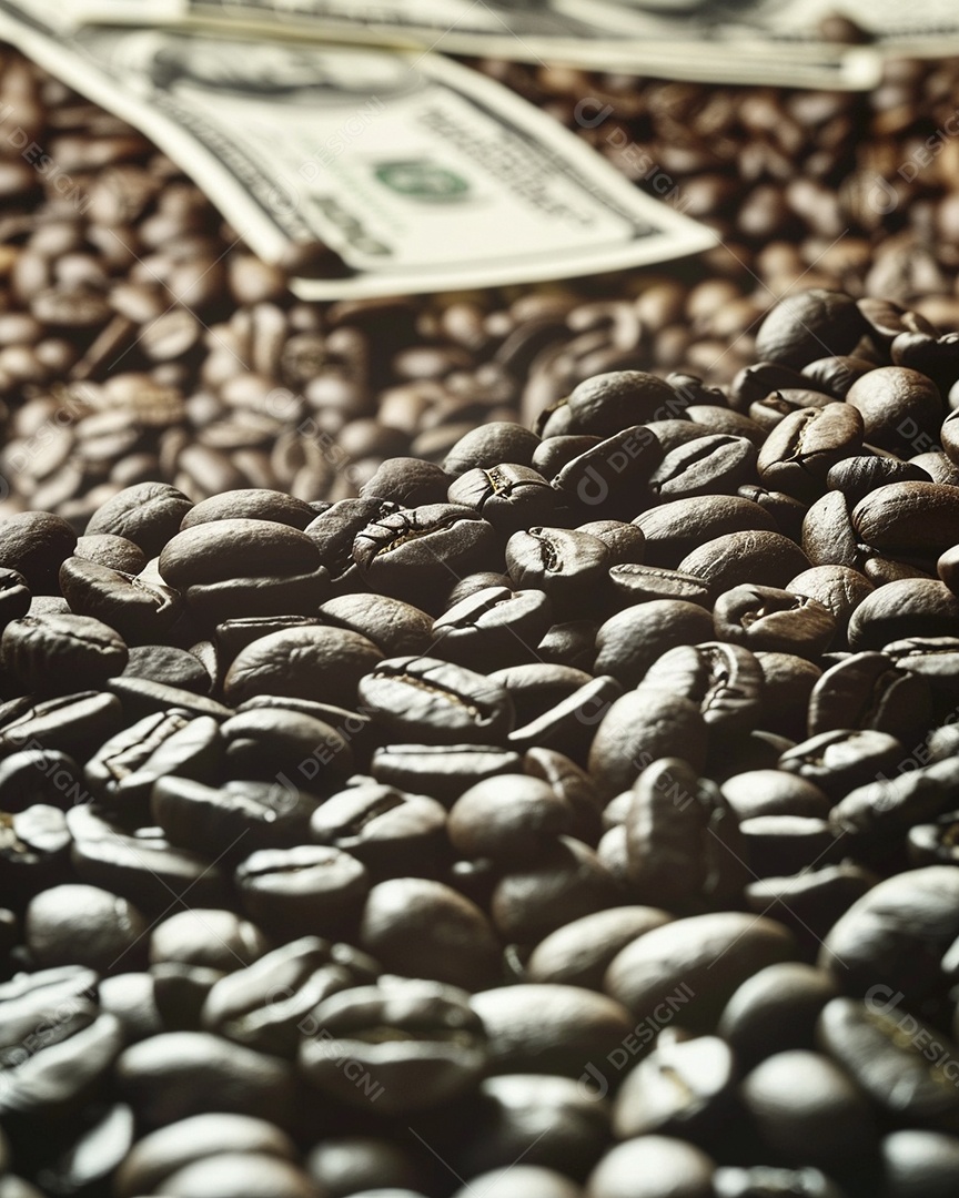 Dólares americanos cobertos com grãos de café em close-up