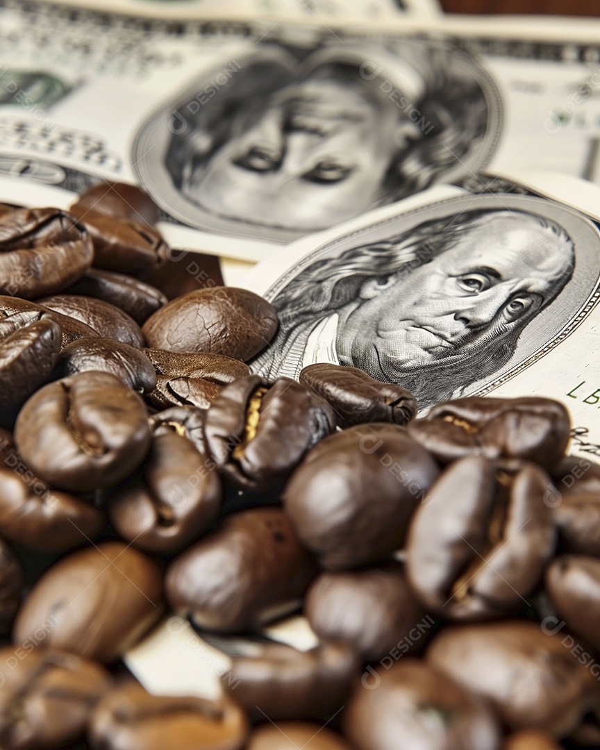 Dólares americanos cobertos com grãos de café em close-up