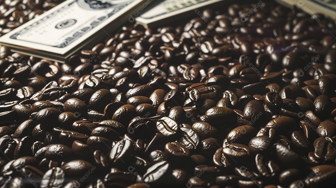 Dólares americanos cobertos com grãos de café em close-up