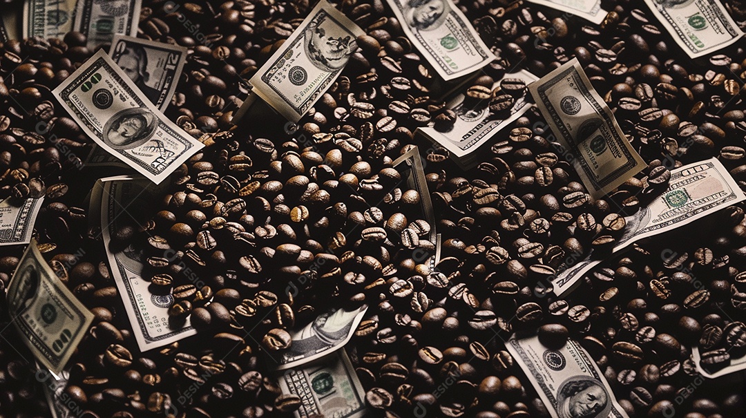 Dólares americanos cobertos com grãos de café em close-up