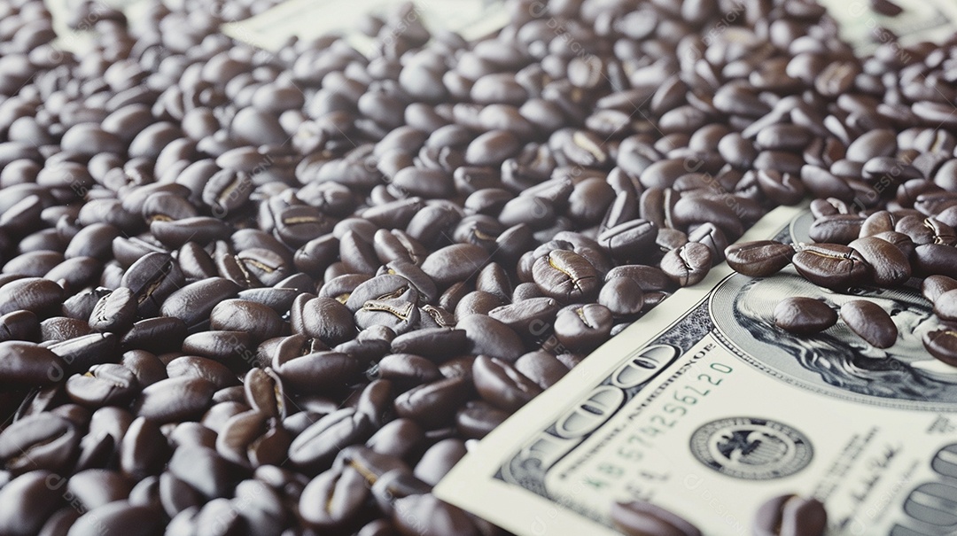 Dólares americanos cobertos com grãos de café em close-up