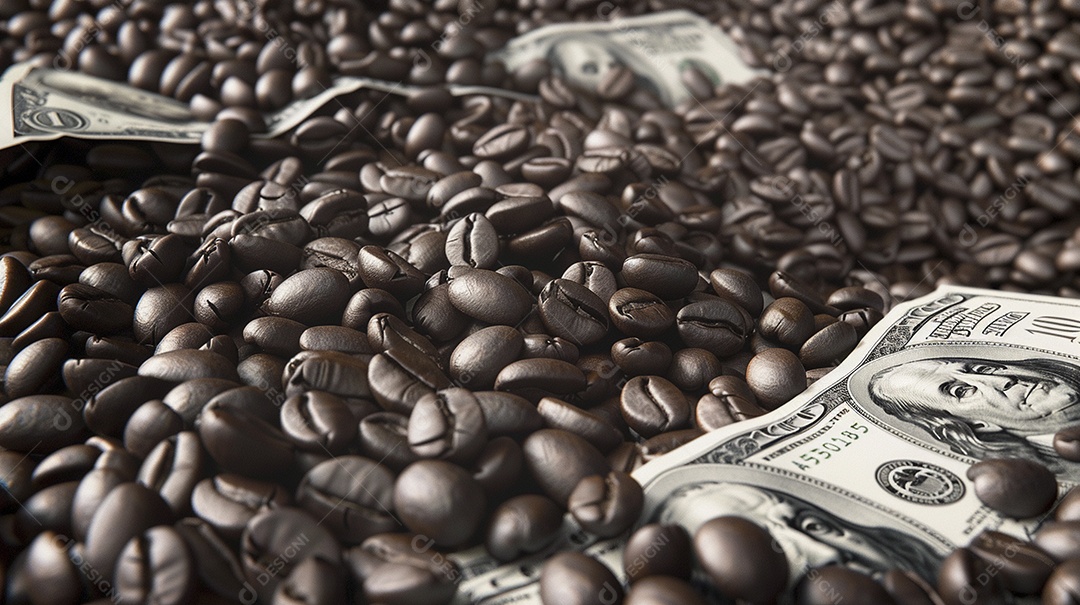 Dólares americanos cobertos com grãos de café em close-up