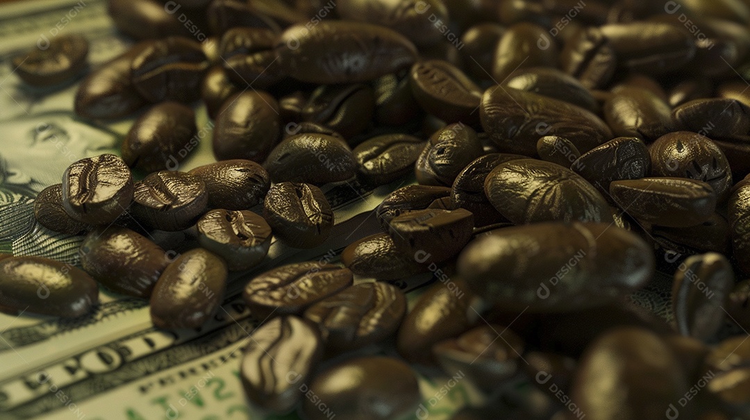 Dólares americanos cobertos com grãos de café em close-up