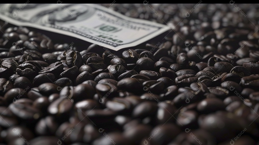 Dólares americanos cobertos com grãos de café em close-up