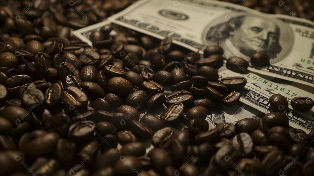 Dólares americanos cobertos com grãos de café em close-up