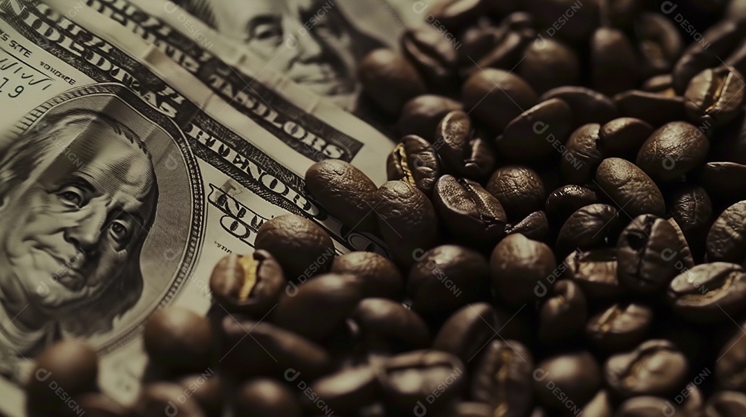 Dólares americanos cobertos com grãos de café em close-up