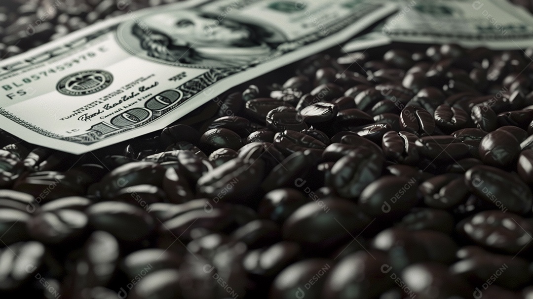 Dólares americanos cobertos com grãos de café em close-up