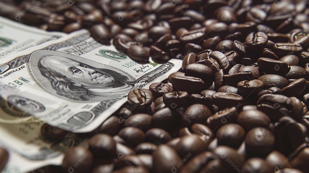 Dólares americanos cobertos com grãos de café em close-up