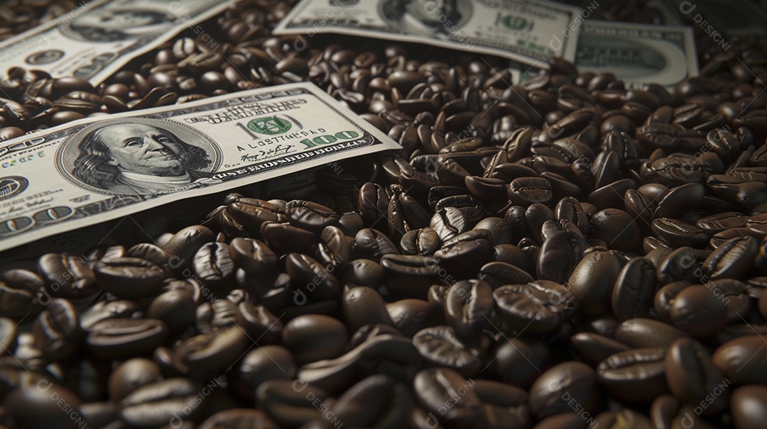 Dólares americanos cobertos com grãos de café em close-up