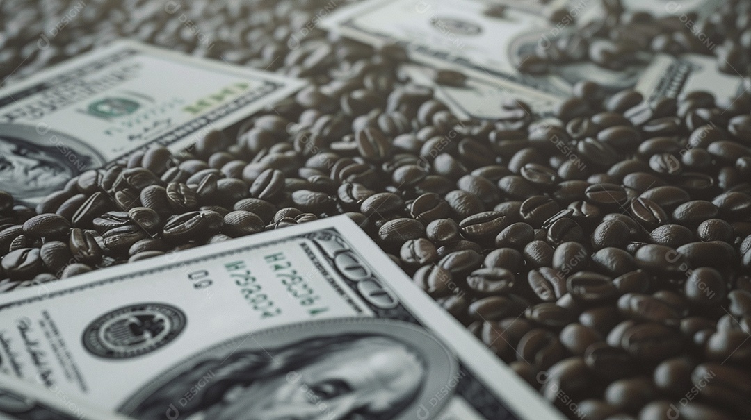 Dólares americanos cobertos com grãos de café em close-up