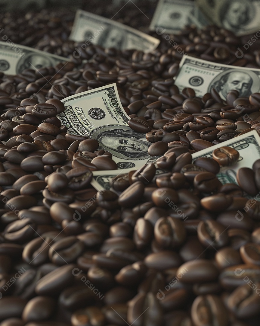 Dólares americanos cobertos com grãos de café em close-up
