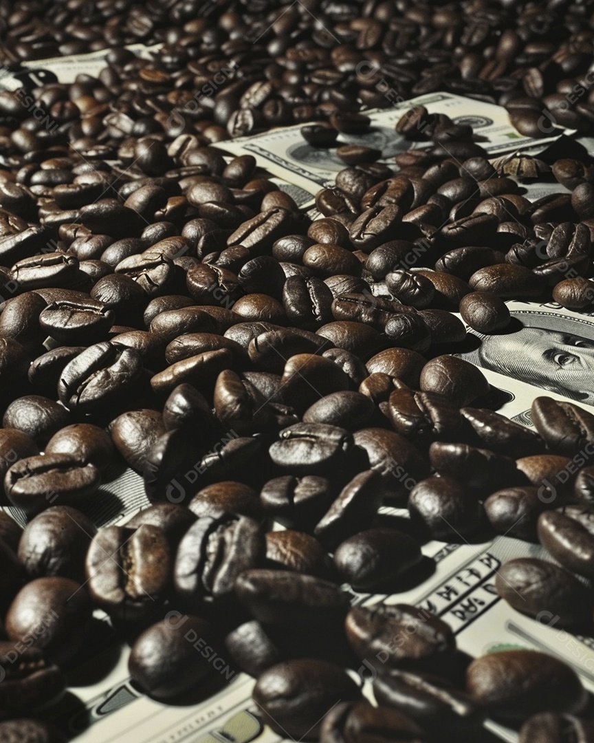 Dólares americanos cobertos com grãos de café em close-up