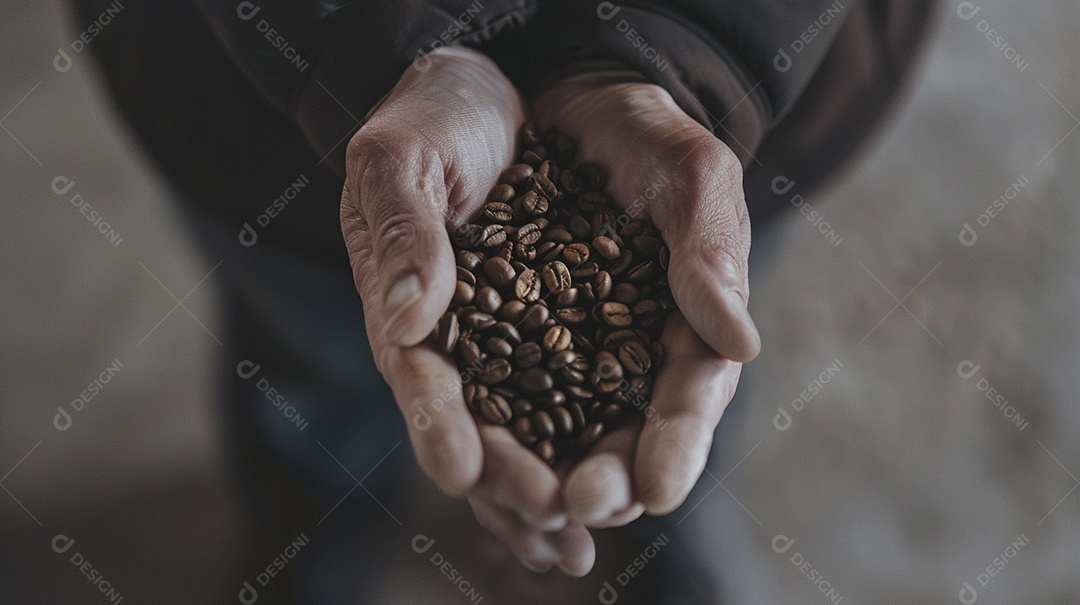Mãos cinematográficas segurando grãos de café torrados premium