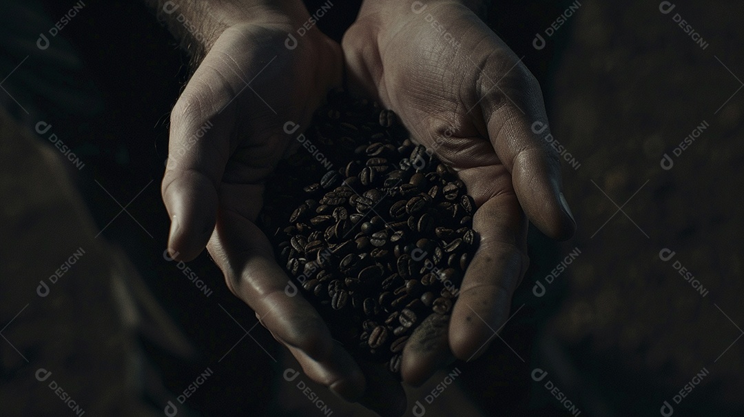 Mãos cinematográficas segurando grãos de café torrados premium