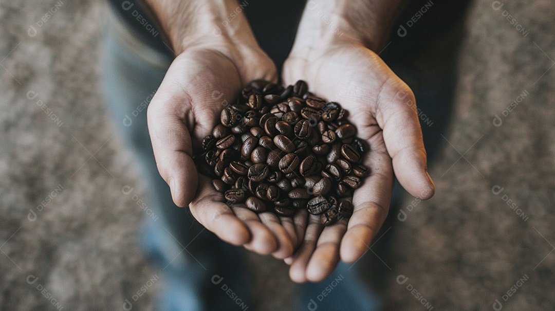 Mãos cinematográficas segurando grãos de café torrados premium