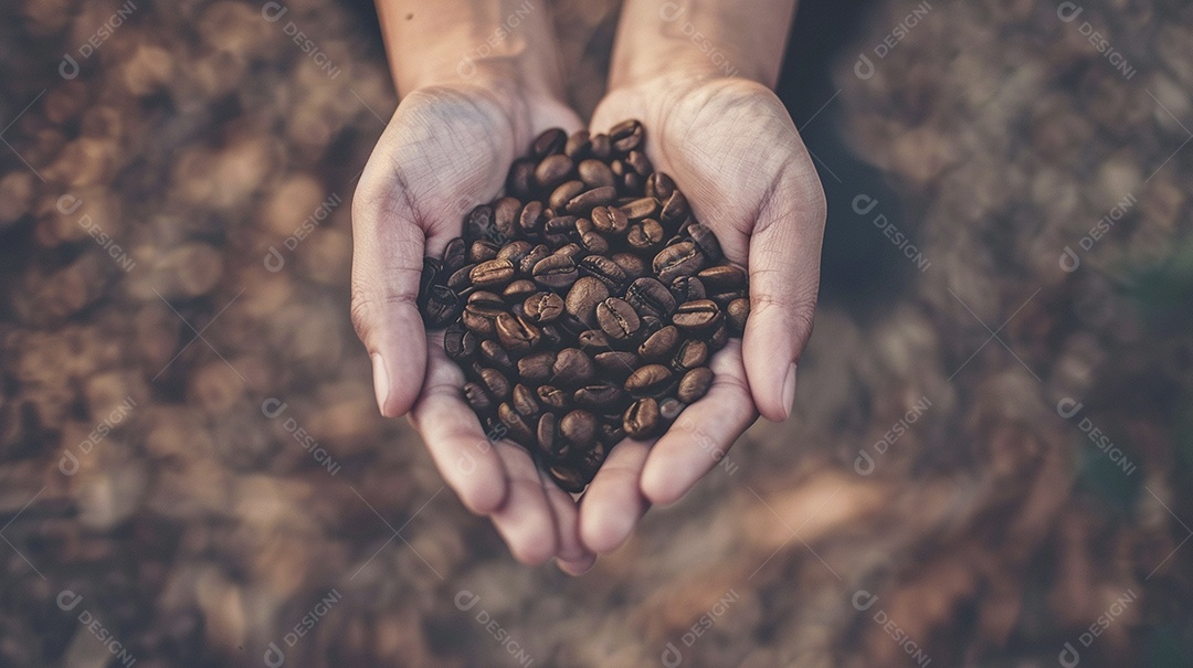 Mãos cinematográficas segurando grãos de café torrados premium