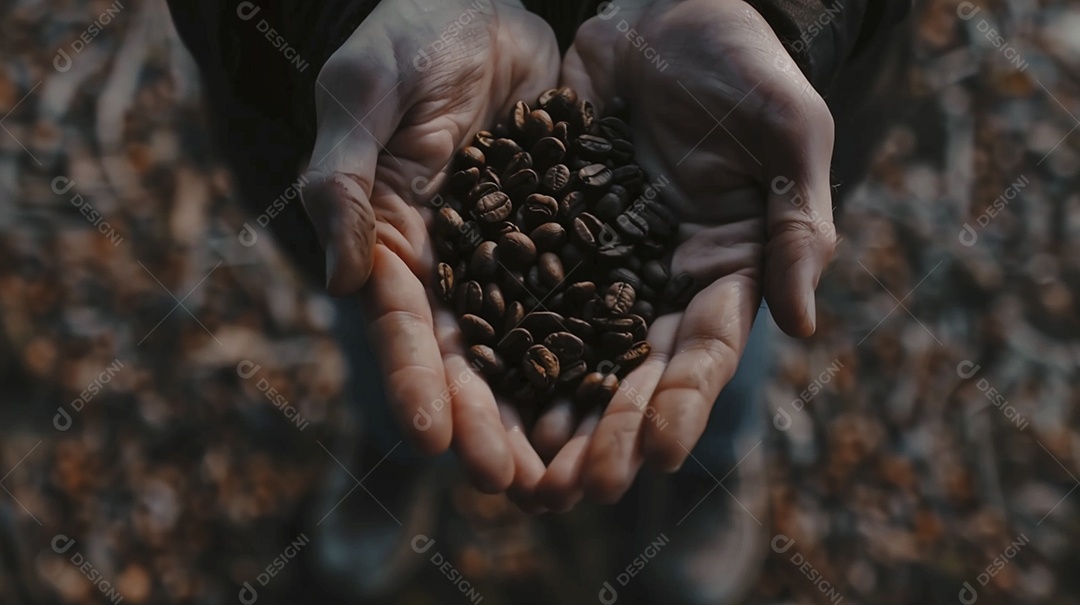 Mãos cinematográficas segurando grãos de café torrados premium