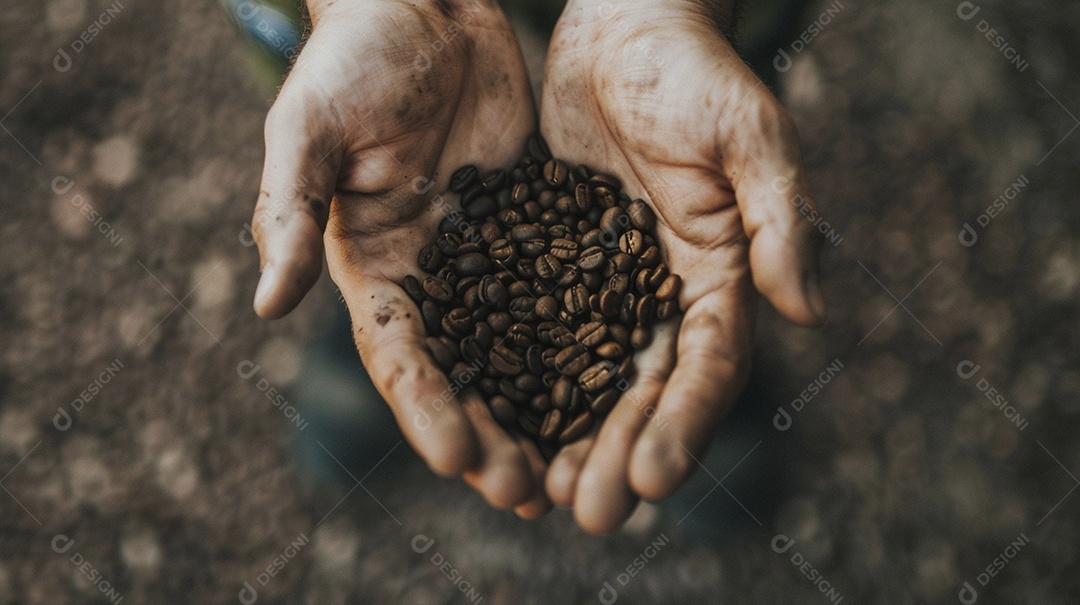 Mãos cinematográficas segurando grãos de café torrados premium