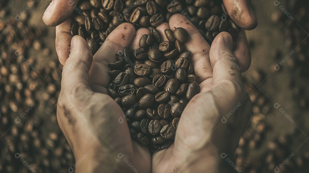 Mãos cinematográficas segurando grãos de café torrados premium