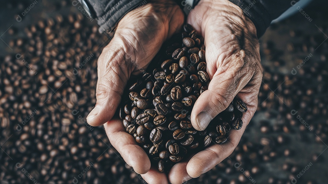 Mãos cinematográficas segurando grãos de café torrados premium