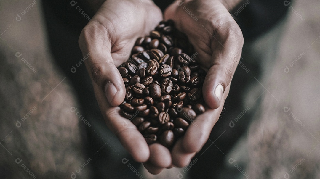 Mãos cinematográficas segurando grãos de café torrados premium