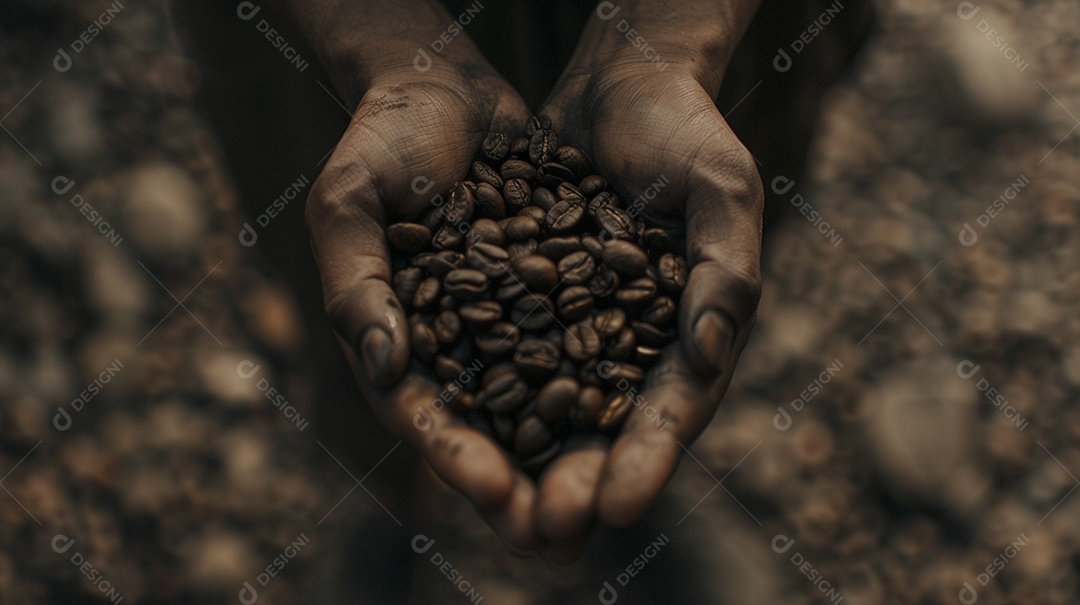 Mãos cinematográficas segurando grãos de café torrados premium
