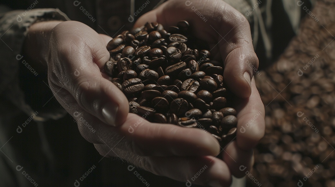 Mãos cinematográficas segurando grãos de café torrados premium